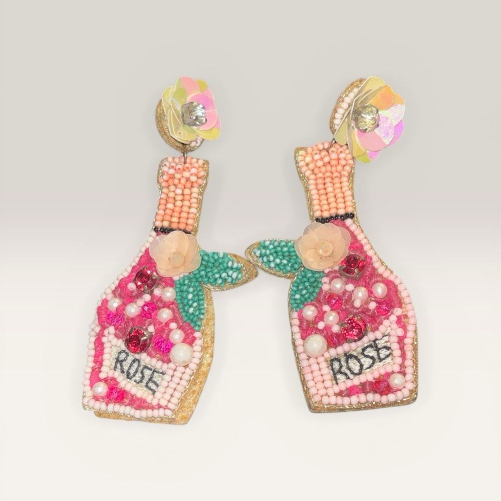 Beaded Rosé Bottle Drop Earrings - Pink Green